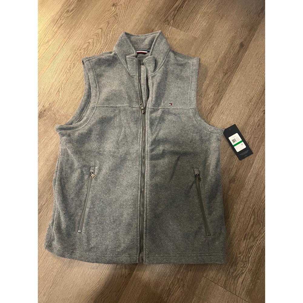 Tommy Hilfiger Mens Fleece Vest Gray Full Zip Mock Neck Logo L7AF285 NEW